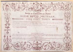 Aktiecertifikat för 500 franc för Bazar Bonne-Nouvelle, 1836 av French School