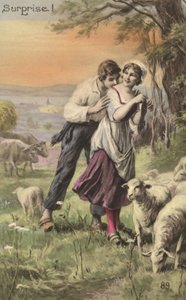 Herde och herdinna (färg litho) av French School
