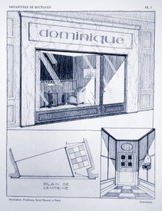 Butiksfront, skylt 2, illustration från Devantures de Boutiques av Louis-Pierre Sezille, Paris, 1927 av French School