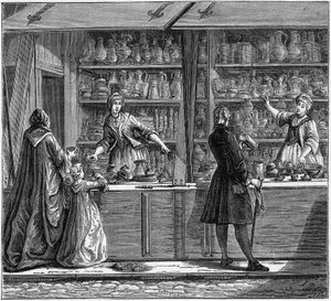 Butik med en plåtkeramiker på 1700-talet. Gravyr i "La Marine et les colonies: handel" av French School