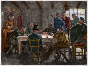 Siciliansk maffia på 1800-talet: Förhör av en godsägare upphävd av sicilianska maffior 1873. Gravyr från 1873. av French School