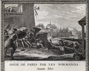 Belägring av Paris av normanderna, år 885. Gravyr från "Figures de l