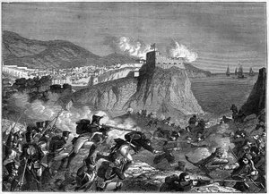 Belägring av Ragusa (Republiken Ragusa) (Ragusa på kroatiska Dubrovnik) under Napoleonkrigen i maj och juni 1806 (Dalmatienkampanj av general Molitor och Lauriston) - i "" Historia om imperiet efter konsulatets historia"" av Adolphe Thier av French School