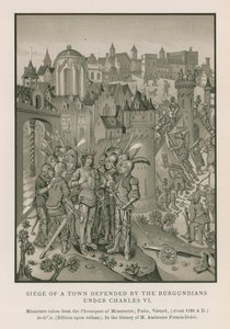 Belägring av en stad som försvarades av burgunderna under Karl VI (chromolitho) av French School