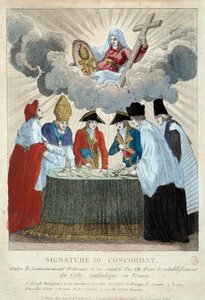 Underskrift av 1801 års konkordat den 15/07/1801: det är undertecknat mellan den franska regeringen (här representerad av Joseph Bonaparte) och Saint Siege (representerad av kardinal Consalvi för påven Pius VII). 1801 Paris, Musée Carnavalet av French School