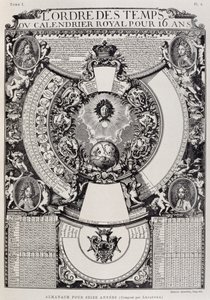 Sexton år almanacka designad av Lepautre, gravyr från Dictionary of furnishing and decoration, Volym I av French School