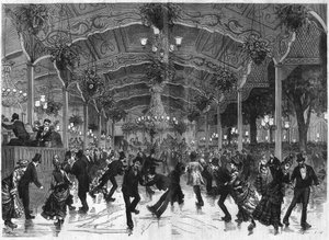 Skridskoring i Bullier. Spår för att dansa i rullskridsko på Bal Bullier i Paris. Gravyr i "The Illustrous Universe" av French School