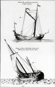 Skiss av båtar: en yacht eller yac och en hourque eller hollock, som är en liten båt som uppfanns av holländarna för att navigera i kanalerna - i "" Diderot encyclopedia"", vol 7 Marine, gravyr, Bibl. Mazarin. av French School