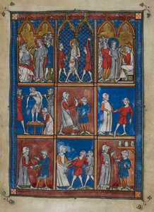Sloane MS 1977 fol.6r Nio miniatyrer som visar bibliska och medicinska scener. Ovan, Kristus inför Kaifas och Pilatus; flagellationen. Mitt och under, läkare som behandlar patienter för brutna ben och andra åkommor av French School