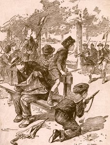 Små pojkar spelar krigsspel i Frankrike under första världskriget. Från Agenda Buvard du Bon Marche publicerad 1917. av French School