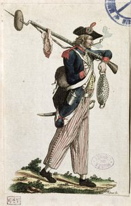 Soldat från den franska revolutionen bär en bajonett på vilken är fäst en limpa bröd och en köttbit: LAn 11 1794 av French School