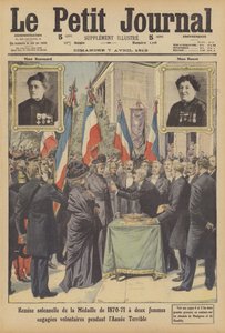 Högtidlig presentation av den fransk-preussiska krigsmedaljen till två franska kvinnliga frivilliga från Annee ... (färg litho) av French School
