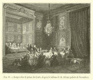 Kvällsmat med Prince de Conti; efter målningen av B Olivier, Versailles galleri av French School