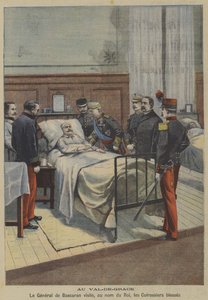 Den spanske generalen Jose de Bascaran besöker sårade kurassirar i kung Alfons XIII:s namn på militärsjukhuset Val-de-Grace i Paris (färg litho) av French School