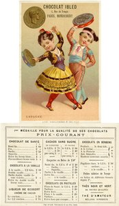 Spanska barn som dansar med tamburiner gjorda av pesetas, från en serie reklamkort på valutor i olika länder, publicerade i Paris av Vieillemard för användning av Chocolat Ibled, 1886-95