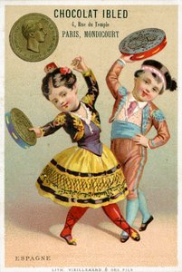 Spanska barn som dansar med tamburiner gjorda av pesetas, från en serie reklamkort på valutor i olika länder, publicerade i Paris av Vieillemard för användning av Chocolat Ibled, 1886-95