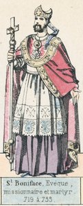 St Bonifatius, biskop, missionär och martyr, 719 till 735 (färgad gravyr) av French School