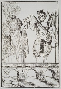 St. Cado och djävulen, kopia av ett populärt franskt tryck, illustrerad i en magisk historia publicerad i slutet av 1800-talet av French School