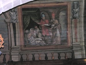 St. Cornely utför ett mirakel (målat trä) av French School