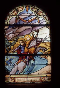 St Guenolé, abbot av Landévennec, räddar kung Gralon under översvämningen av staden Ys - målade glasfönster i St Germain-kyrkan i Kerlaz av French School