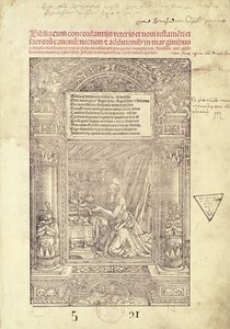 St. Hieronymus i hans Studiolo, titelsida för en bibel, tryckt av J. Marion, Lyon, 1521