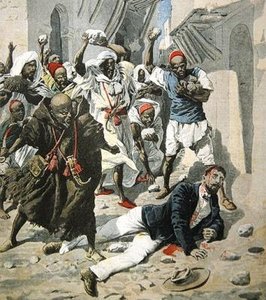 Stening till döds doktor Emile Mauchamp i Marrakech, omslagsillustration av Le Petit Journal, 7 april 1907 av French School