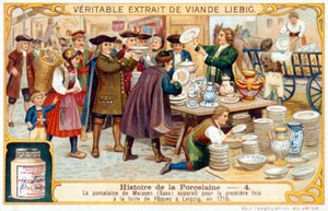 Porslinets historia nr 4: Meissen-porslinet (Sachsen) visades för första gången på påskmässan i Leipzig 1710. Liebig kromolitografi av French School