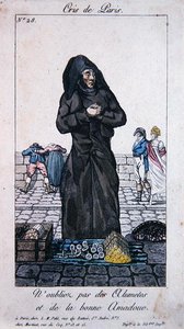 Gatuförsäljare av tändstickor och tändträ, tidigt 1800-tal (färggravyr) av French School