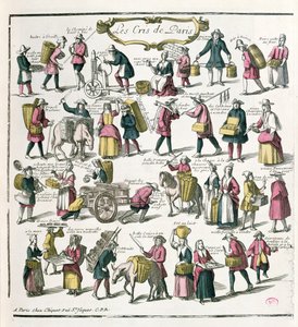 Gatuförsäljare i Paris, sent 1600-tal (färggravyr) av French School