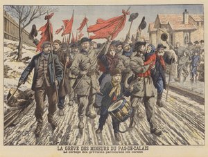 Strejk av gruvarbetarna i Pas-de-Calais, Frankrike (färg litho) av French School