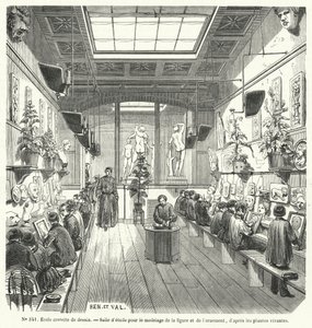 Elever i en klass i en fri ritskola, Frankrike (gravyr) av French School