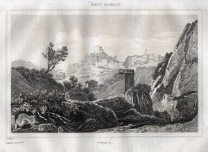 Subiaco Lazio i Roms storstadsstad - Gravyr från "" Pittoreska Italien"" av M. de Norvins, Ch. Nodier 1834-1836. av French School
