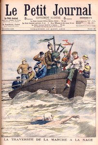Simma Engelska kanalen. Engelsmannen Jabez Wolffe gör det första av sina 22 misslyckade försök att simma över kanalen. La traversée de la manche a la swim av Jabez Wolffe (1877-1943) - Illustration för Le petit Journal av French School
