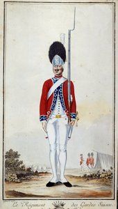 SwissGuard. Plåt 16 i ””Kompendium av militäruniformer för franska trupper under Ludvig XVI”” Litografi från 1779. Mått 0,23x0,16 m. Paris, Armémuseet av French School