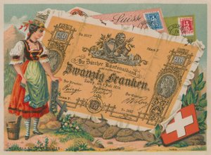 Schweizisk flicka i traditionell dräkt och 20 Francs sedel av French School
