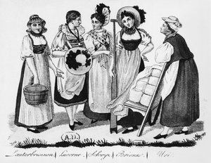 Schweiziska kvinnor i traditionell dräkt av French School
