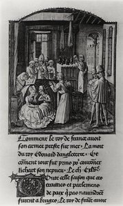 T.2 Fol.111 The Death of Edward III, King of England at Shene Castle, från Froissarts Chronicle, sent 1400-tal (vellum) (s/v foto) av French School