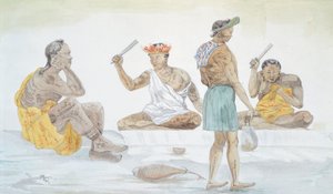 Tahitiska tygslagare, av LF Lejeune från Louis I Duperreys resa (1822-1825), Polynesien 1800-talsvattenfärg av French School