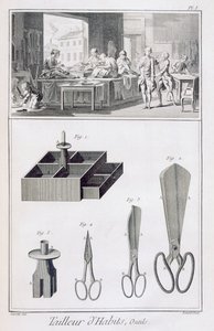 Skräddare, från Encyclopedie des Sciences et Metiers av Denis Diderot (1713-84) publicerad ca 1770 av French School
