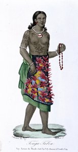 Tatuerad kvinna från Tonga-Tabou - i ""Bibliotheque Universelle des Voyages"" av Albert-Montémont, red. Armand-Aubrée, vol.17 av French School