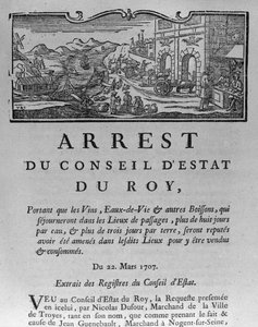 Skattekontoret vid ingången till en stad för viner och sprit, dekret av statsrådet 22 mars 1707, från registret för statsrådet i Paris, 1739 (se 163952 för av French School