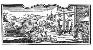Skattekontoret vid ingången till en stad för viner och sprit, dekret av statsrådet 22 mars 1707, från registret för statsrådet i Paris, 1739 (detalj) (se en av French School