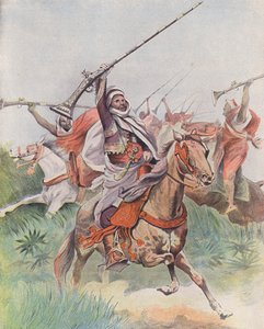 Tbourida, traditionell ryttarfantasi, Marocko (färglitografi) av French School