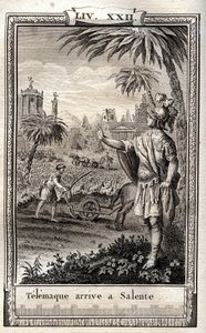 Teemaque återvänder till Salente (Salento) - gravyr från 1798 av Monnet i "Les Aventures de Telemaque, fils d