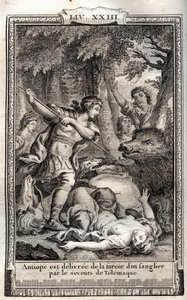 Telemaque levererar Antiope från ett vildsvin - gravyr från 1798 av Monnet i "Les Aventures de Telemaque, fils d