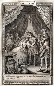 Telemaque tar hand om Phalantes sår och ger honom sin brors aska - gravyr från 1798 efter Monnet i "Les Aventures de Telemaque, fils d