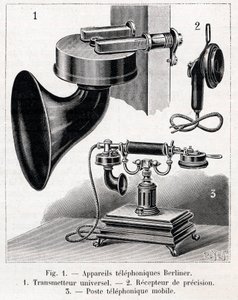 Telefonapparat - Berliner System - gravyr i "" La nature"" från 1902 av French School