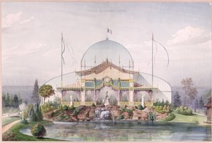 Tält och stort växthus i trädgården vid världsutställningen i Paris 1867 (akvarell på papper) av French School