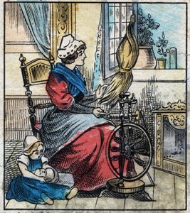 Textil, linne. En kvinna använder ett mekaniskt spinnhjul för att spinna linne. Gravyr. Epinal avbildning sent 1800-tal. av French School