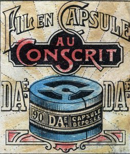 Textil, linne. Kapsel för användning av Dae sytrådar. Gravyr. Epinal avbildning sent 1800-tal. av French School